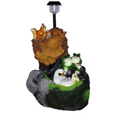 Садовый фонтан "Пара белок, пара лягушек, утка с утятами у водопада", подсветка-фонарь на солнечной батарее
